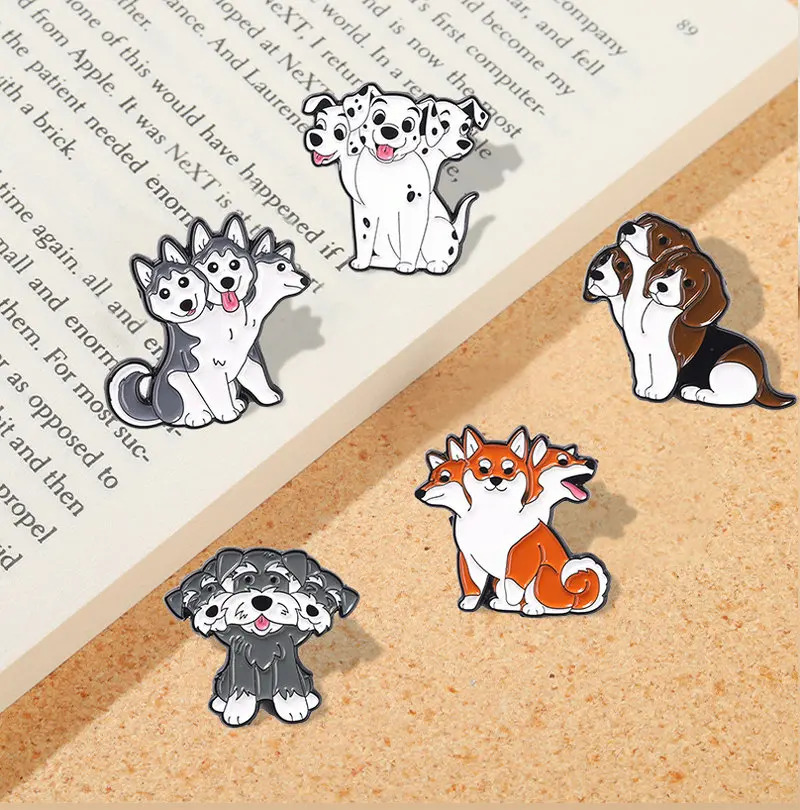 Cerberus Dogs Enamel Pins Fun Kawaii Akita Shiba Inu Brooches Bag Hat Lapel Pin Badge Men Women Jewelry Gift for Dog Lover Fans