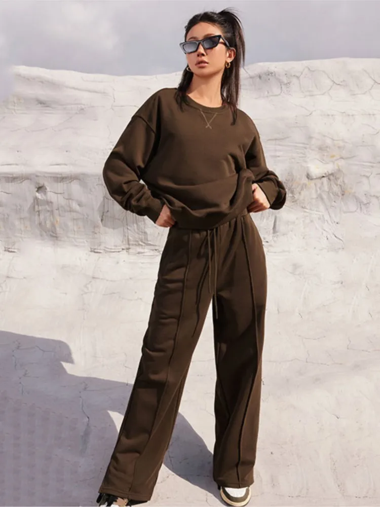 

Женские осенние модные спортивные костюмы, повседневные пуловеры с длинными рукавами, комплект из двух предметов, весенний однотонный пуловер с круглым вырезом, брючные костюмы