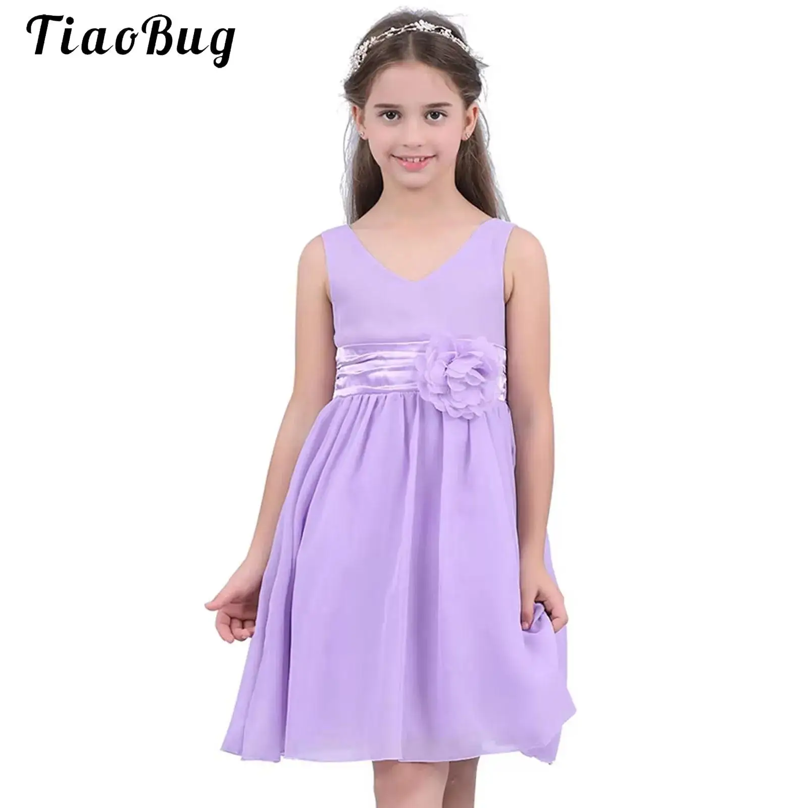 

Kids Flower Girl Dress Sleeveless V-Neck Chiffon Wedding Pageant Bridesmaid Dress Birthday Party 3D Flower Prom Ball Gown