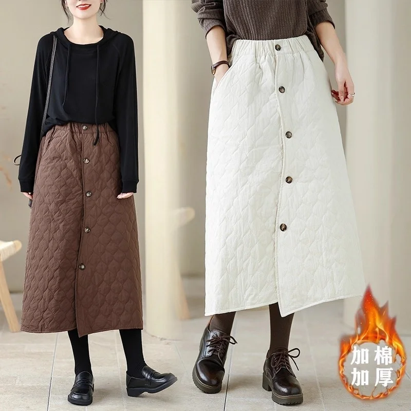 Women's Diamond Grid Quilted A-Line Skirt Korean Style Irregular Button Clip Cotton Mid-Length Office Wear Skirt W1382