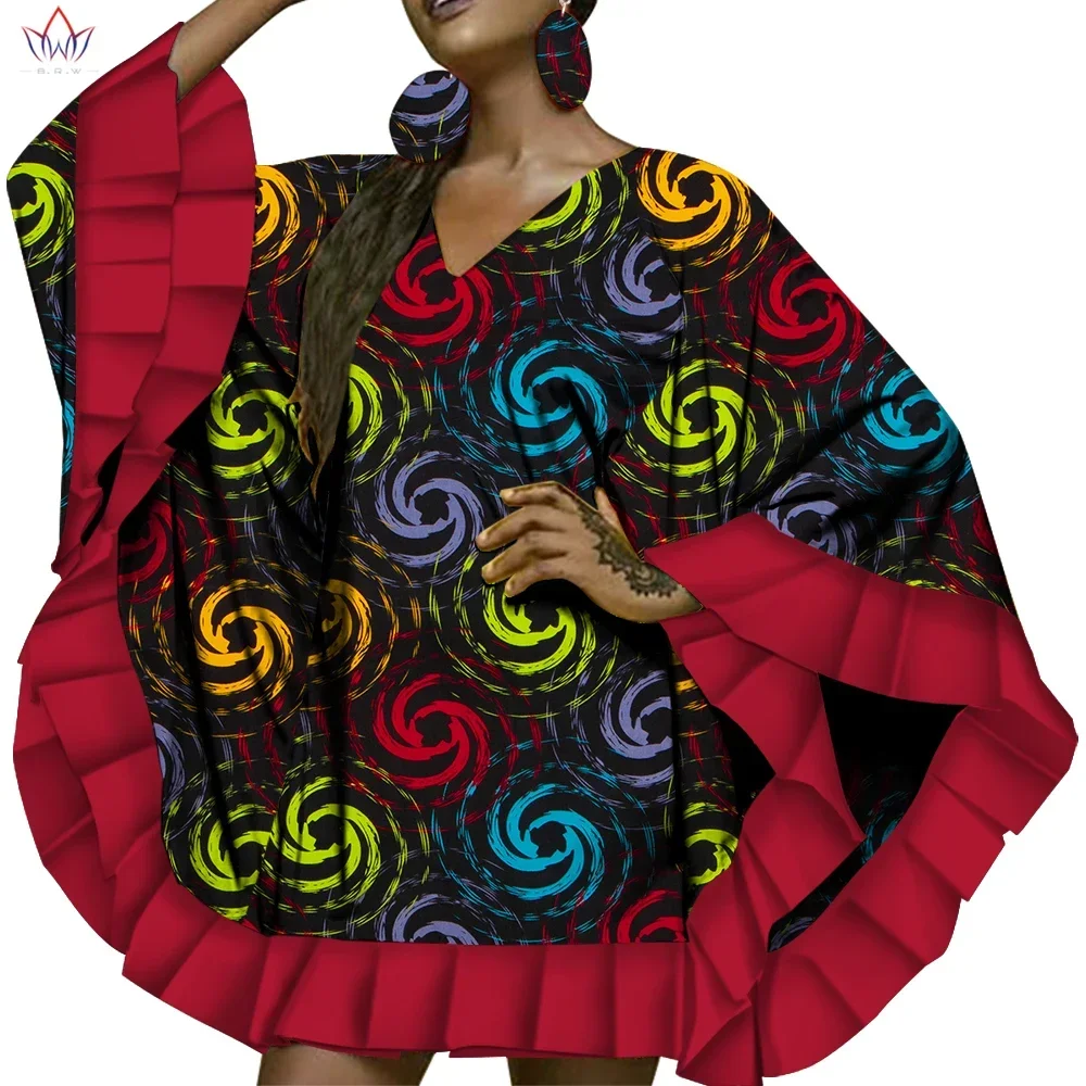 BintaRealWax Africa Dress for Women with Earring Dashiki Ruffled Lady Shawl Africa Style Clothing for Women Office Dress WY3572