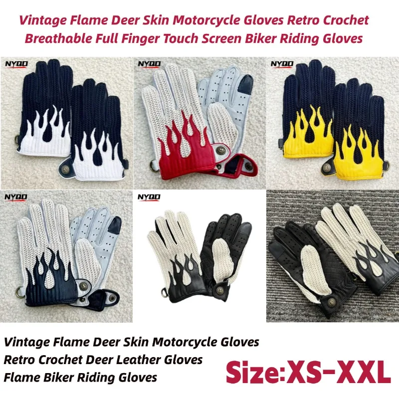Vintage Deerskin Motorcycle Gloves Flame Pattern Touchscreen All-Season Motorbike Riding for Men Women