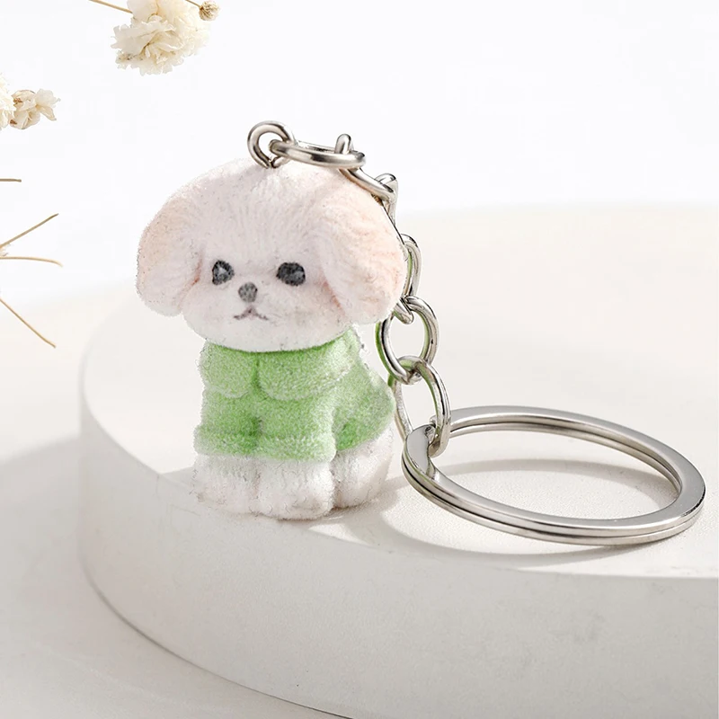 Kawaii 3D Flocking Dog Keychain Creative Cartoon Puppy Keyring Cute Plush Key Holder Bag Pendant Backpack Ornament