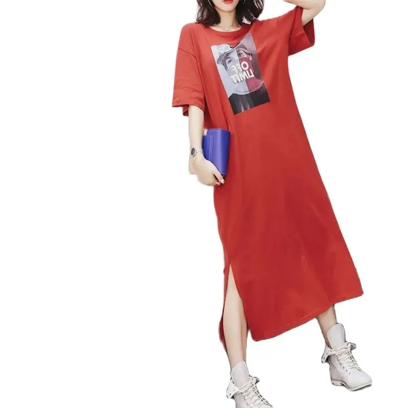 Damen Sommerkleid 2024 neues Produkt großes lockeres langes T-Shirt über dem Knie Mode Sommer dünnes lässiges Kurzarm kleid