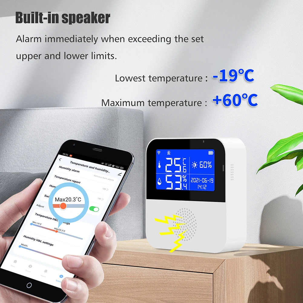 

Tuya WIFI Smart Home Temperature Humidity Sensor Alarm Indoor Outdoor Hygrometer Mobile phone remote Support Alexa Google Home