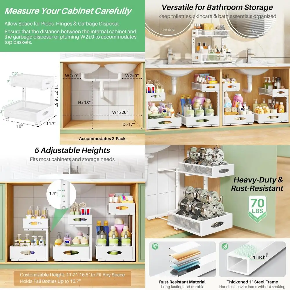 

2-Pack XL White Mesh Pull-Out Under-Sink Organizer with Adjustable L-Shaped Shelves for Kitchen, Bathroom, and Laundry