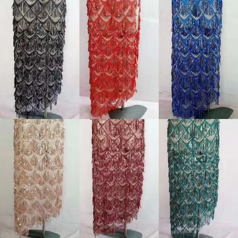 

African Lace Fabric 2025 Sequins Embroidered Lace Fabric Diamond Fringe Wedding Dress Clothing Sewing Gauze Fabric 1Yard*1.5M