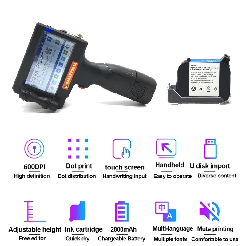 Imprimante à jet d'encre portable avec écran tactile, impression arabe Bluetooth, code QR, code-barres, verre de date d'expiration variable, déterminer, 4.3 pouces