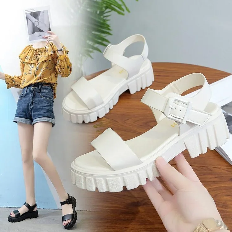 Personality 2023 Summer Thick Sole Leather Sandals Ladies Casual Comfort Flat Women Shoes Sandals High Heels Rubber Sole Sandals