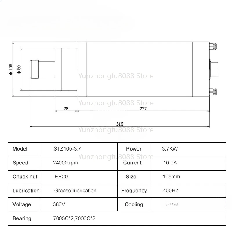 

3.7KW ER20 Water-Cooled Spindle Motor 220V 380V Diameter 105mm Milling Spindle Used for Engraving Milling Machines