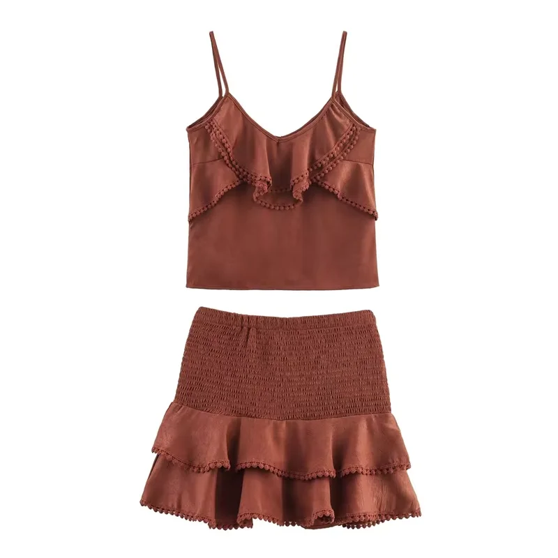 

2025 Women's new fashion lace layered decoration suspended top retro sleeveless women's vest chic top+Shorts Skirts suit