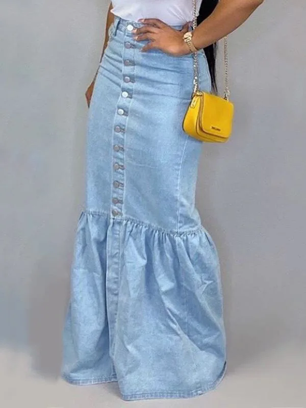 

Sexy Slim Fit Denim Button Fi Tail Skirt High Waist Casual Pure Color Fi Tail Dr for Young Women Summer Collection