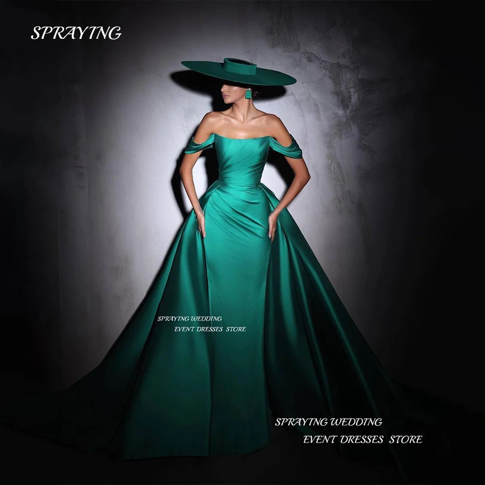 

SPRAYING Sexy Green Off Shoulder Evening Party Dress A Line Soft Satin Prom Gown Short Sleeve Formal Occasion Dresses