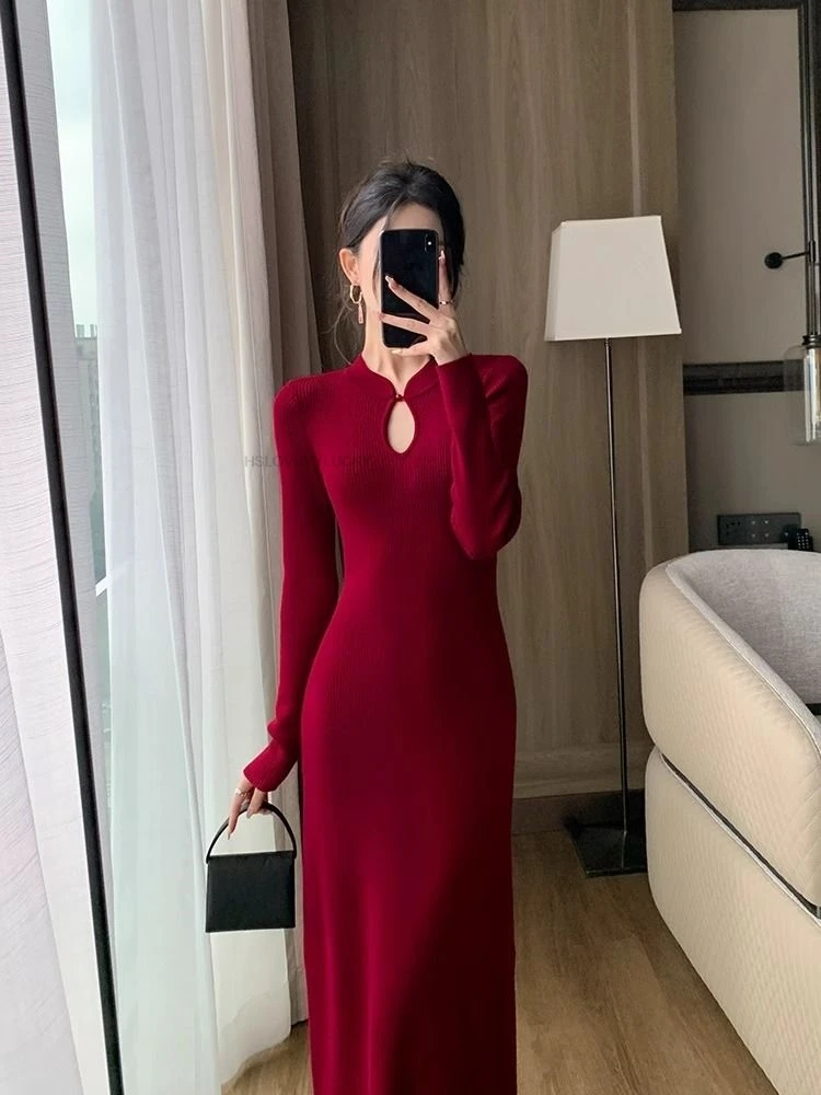 

New Chinese Style National Wind Dress Autumn And Winter Red Knitted Inner Long Dress Women Improved Red Sexy Base Qipao Dress