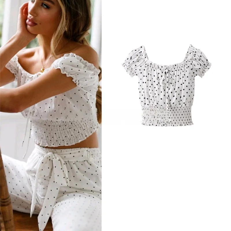 

Lazy Sle Polka Dot Print One oulder ort Sve T-irt Women's Casual Loose Fit Top New Autumn Arrival Polyester Fiber
