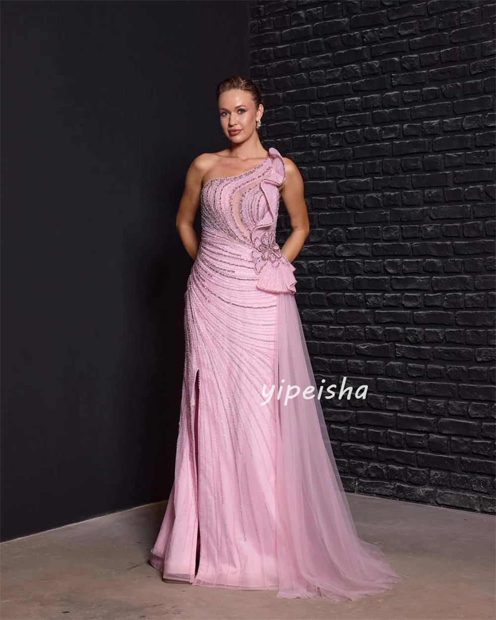 Sukienki koktajlowe syreny z tiulu, zdobione cekinami i koralikami, szyte na miarę, wykwintne, eleganckie, z jednym ramieniem, długie sukienki wieczorowe.