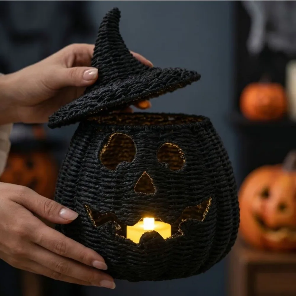 Vintage Halloween Pumpkin Statue Woven Texture with Witch Hat Pumpkin Candle Holder Rustic Removable Lid Lantern Storage Box