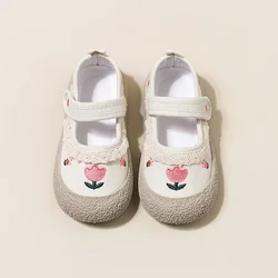 Children's Baby Canvas Shoes Four Seasons Girls Embroidery Walking Shoes Fashion Patchwork Kids Causal Shoes Soft Soled Non-slip