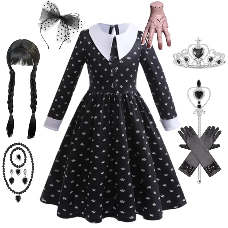 

Girls Wednesday Addams Cosplay Costume Kids Black Gothic Birthday Party Gown Children Frocks School Day Casual Outfit 3-12 Year