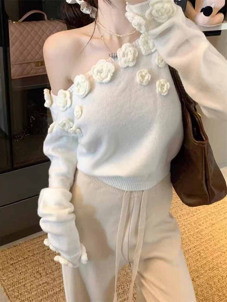 

3D Flower Women Knitted Sweater Korean Sexy Slash Neck Long Sleeve Crop Pullover Autumn Elegant Slim All Match Warm Jumper