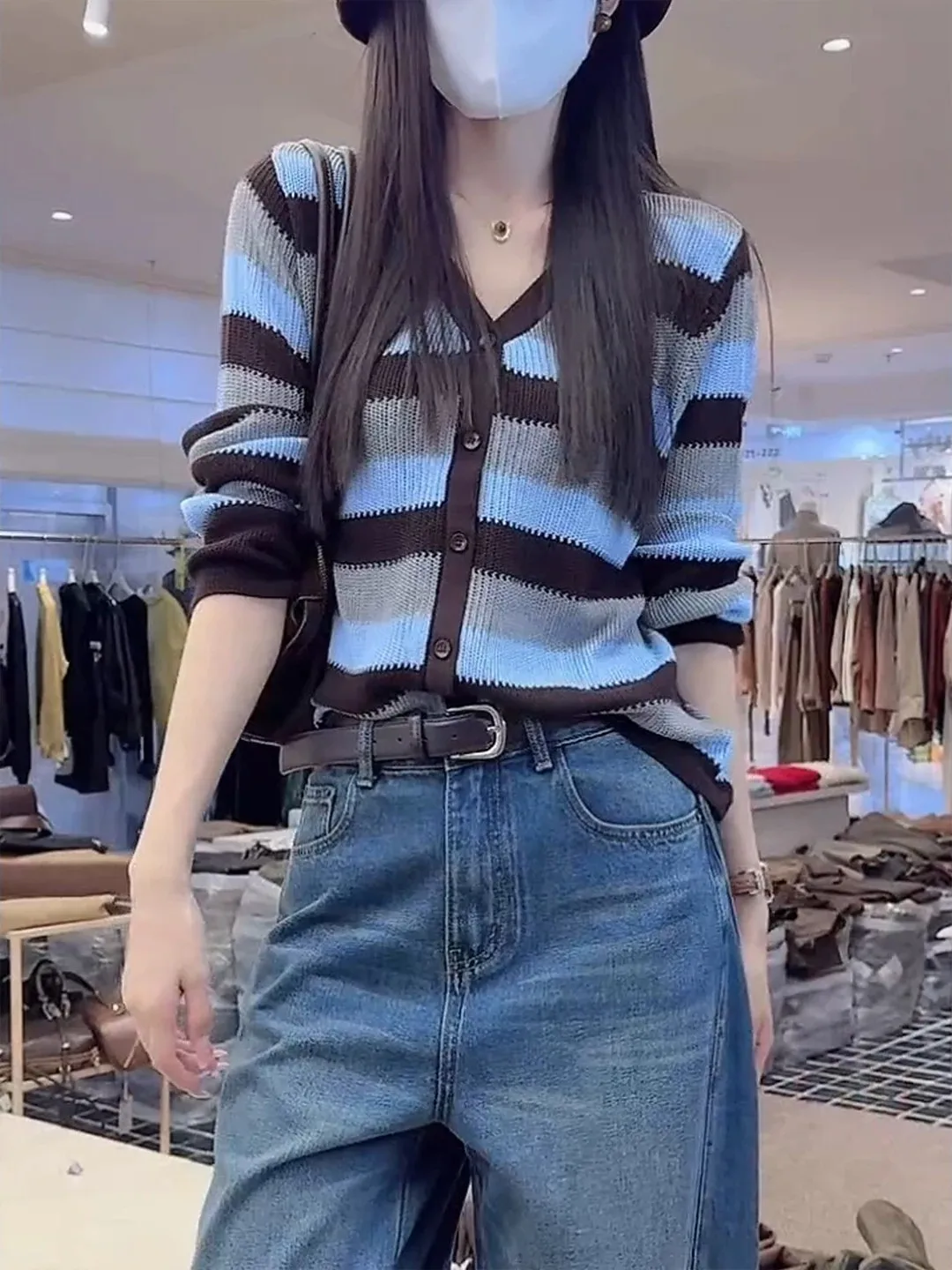 Loose V-Neck Knitted Cardigan Women's Casual Style Long Sleeve Striped Sweater Autumn Fashionable Versatile Blue Large Size