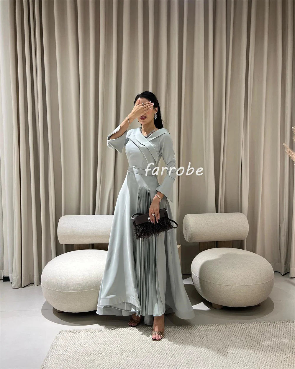 Customized Modern Style Pleat Sash Draped A-line V-neck Midi Dresses Bespoke Occasion Dresses High Quality Formal Elegant