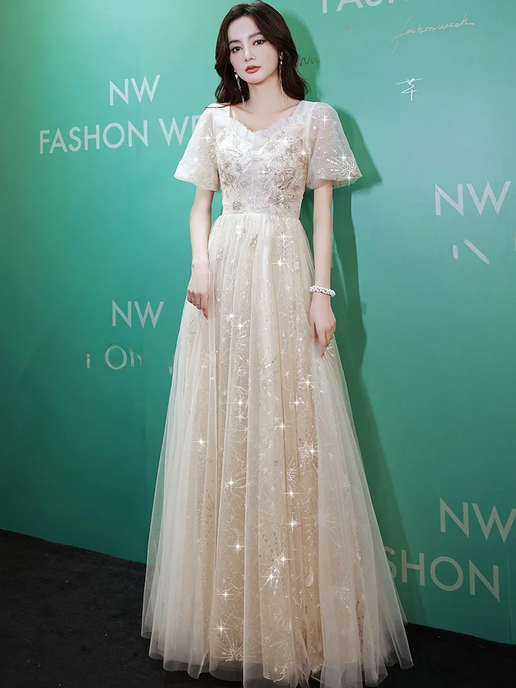 

Champagne Evening Gown 2025 New Sle Banquet Elegance Luxury High-End Sense Art Exam Host Skirt Women Ele Pure Color