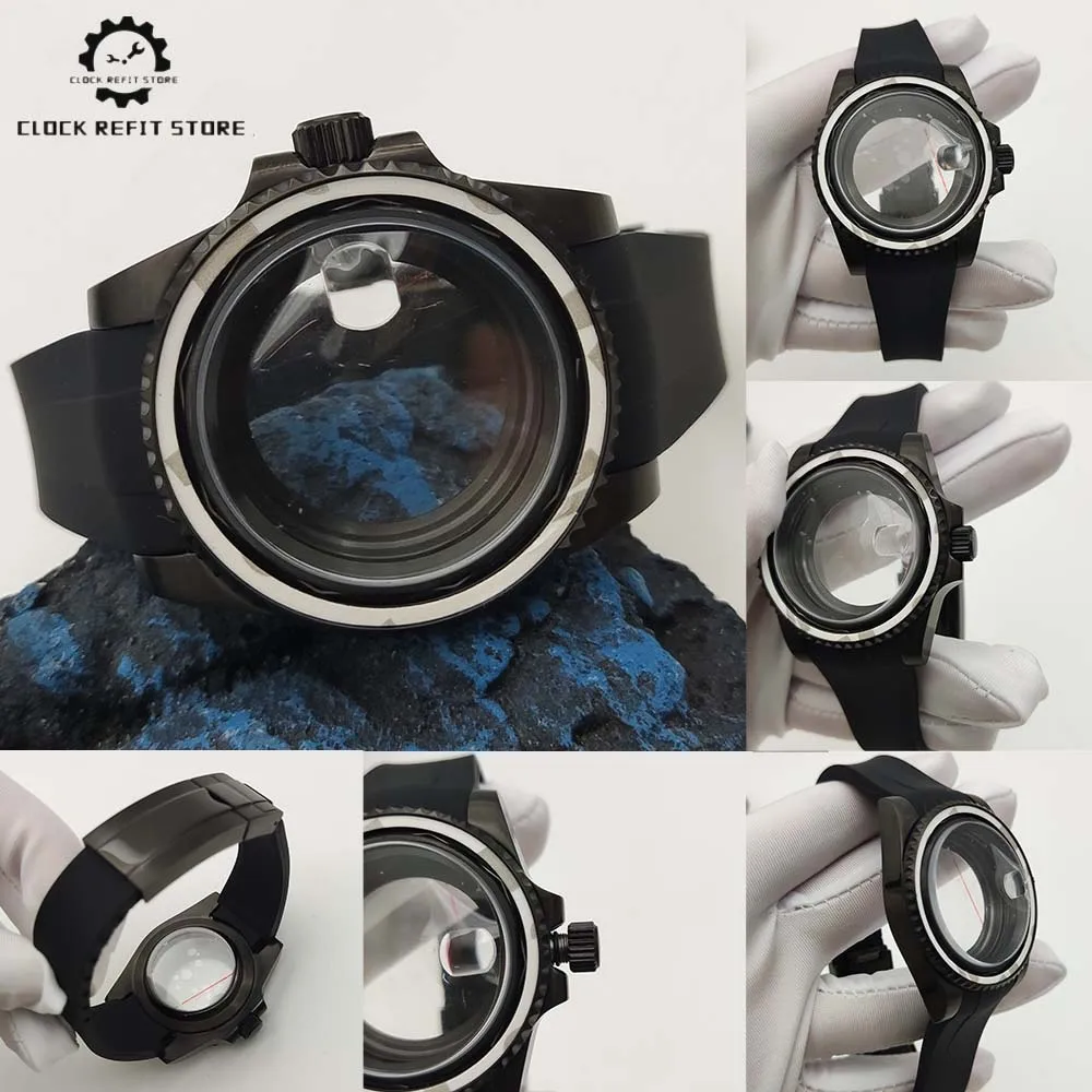 Men's NH35 Mechanical Watch Case Sapphire Glass with Magnified Calendar Window Rubber Strap PVD Black Case Watch Accessories