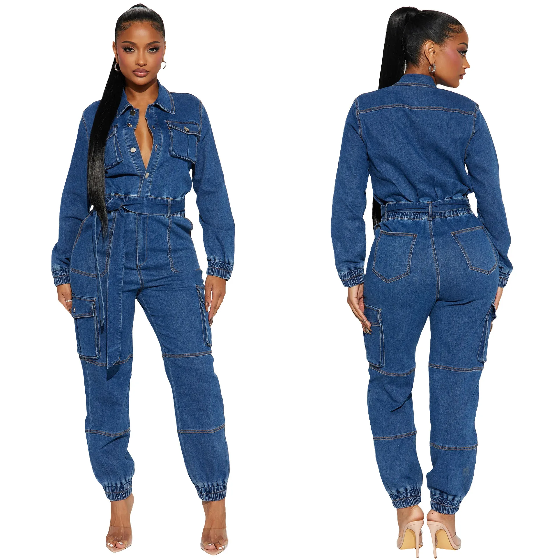 Women Jumpsuit Autumn Winter Fashion Slim Tight Waist Elastic Denim Overalls Romper Lady Casual Pocket Belt Cargo Jeans Jumpsuit