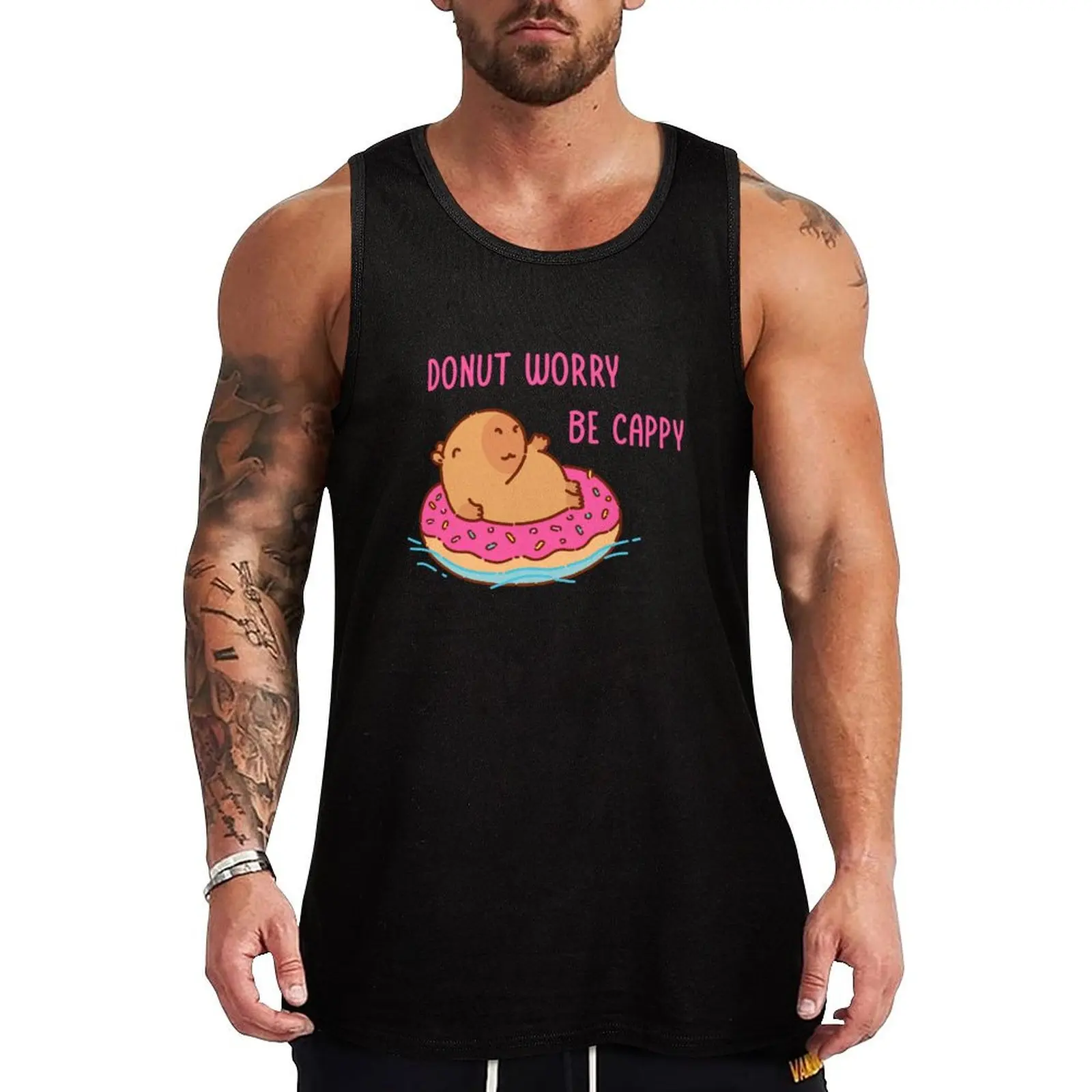 

Capybara floating in a donut floater, donut worry be cappy Tank Top gym t shirt men clothing men