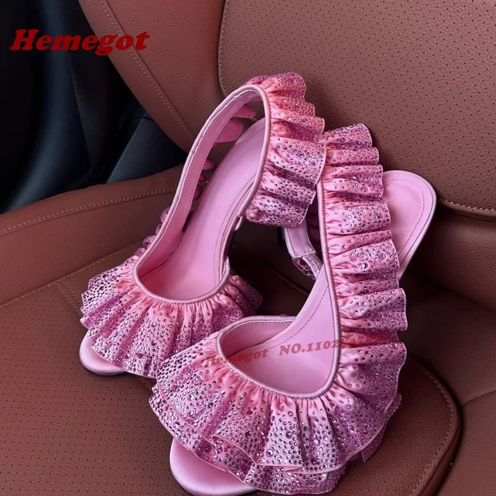 المفتوحة تو الجانب الهواء التجاعيد حافة الراين خنجر الكعوب أرجواني مطوي بلورات Slingback الصنادل الصيف الصنادل حذاء فاخر #4