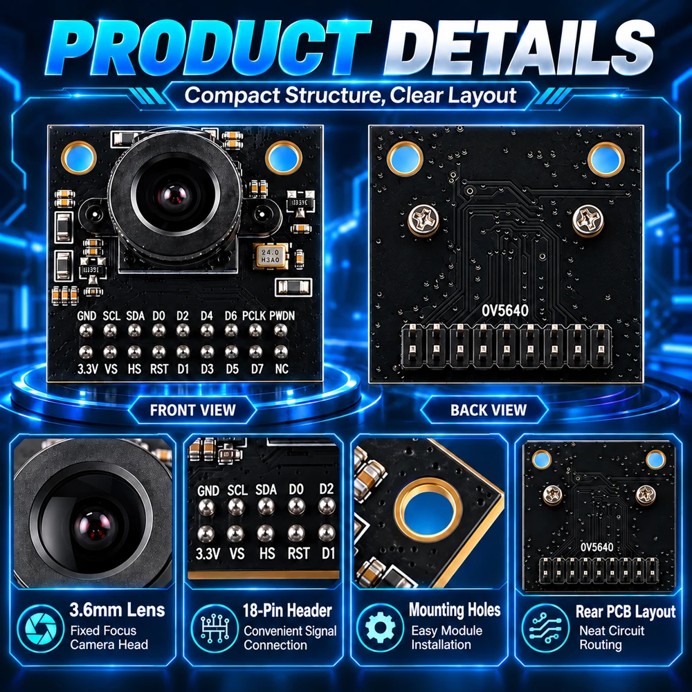 OV5640 Camera Module PCB Board HD 5MP for STM32 SCCB 3.6MM Focal Length 75 Degrees I2C Interface 2592*1944 3.3V