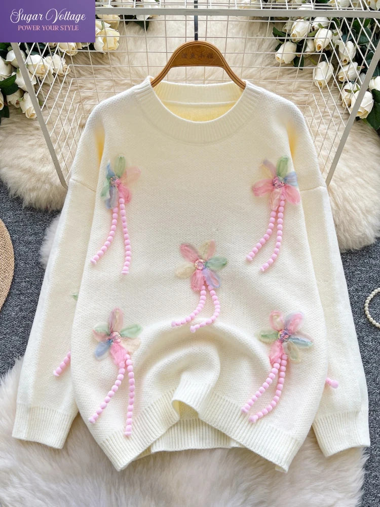 

Korean Fashion Sweet Aesthetic Winter Knit Top Women Round-Neck Pearl Bow Embellished Soft Loose Sweater Cute Slim Style Sweater