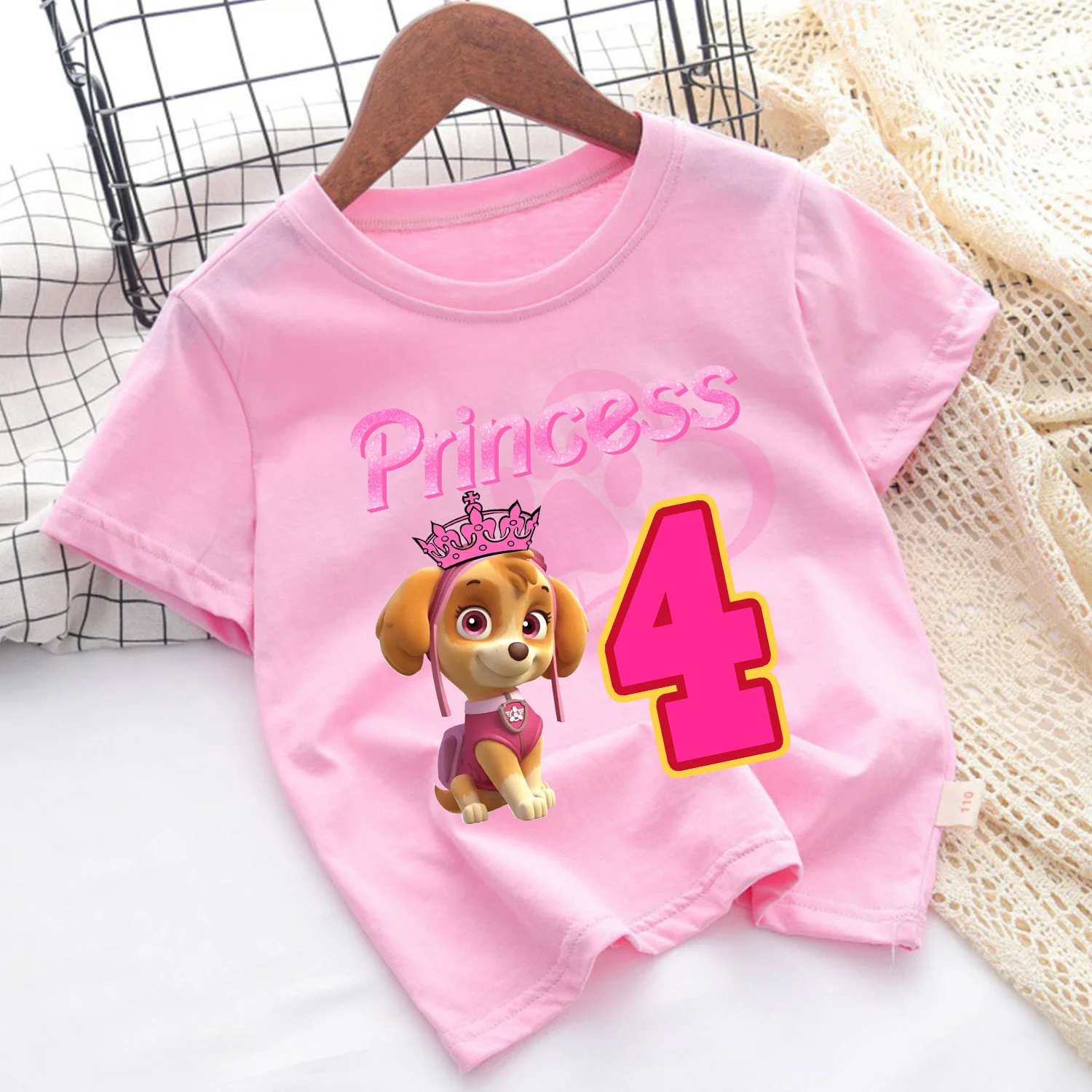Paw Patrol Skye T-shirt Children Birthday Number Tee Top Girls Pink Clothes Cartoon Anime Short Sleeve Kids Loose Clothing Gift - view 5