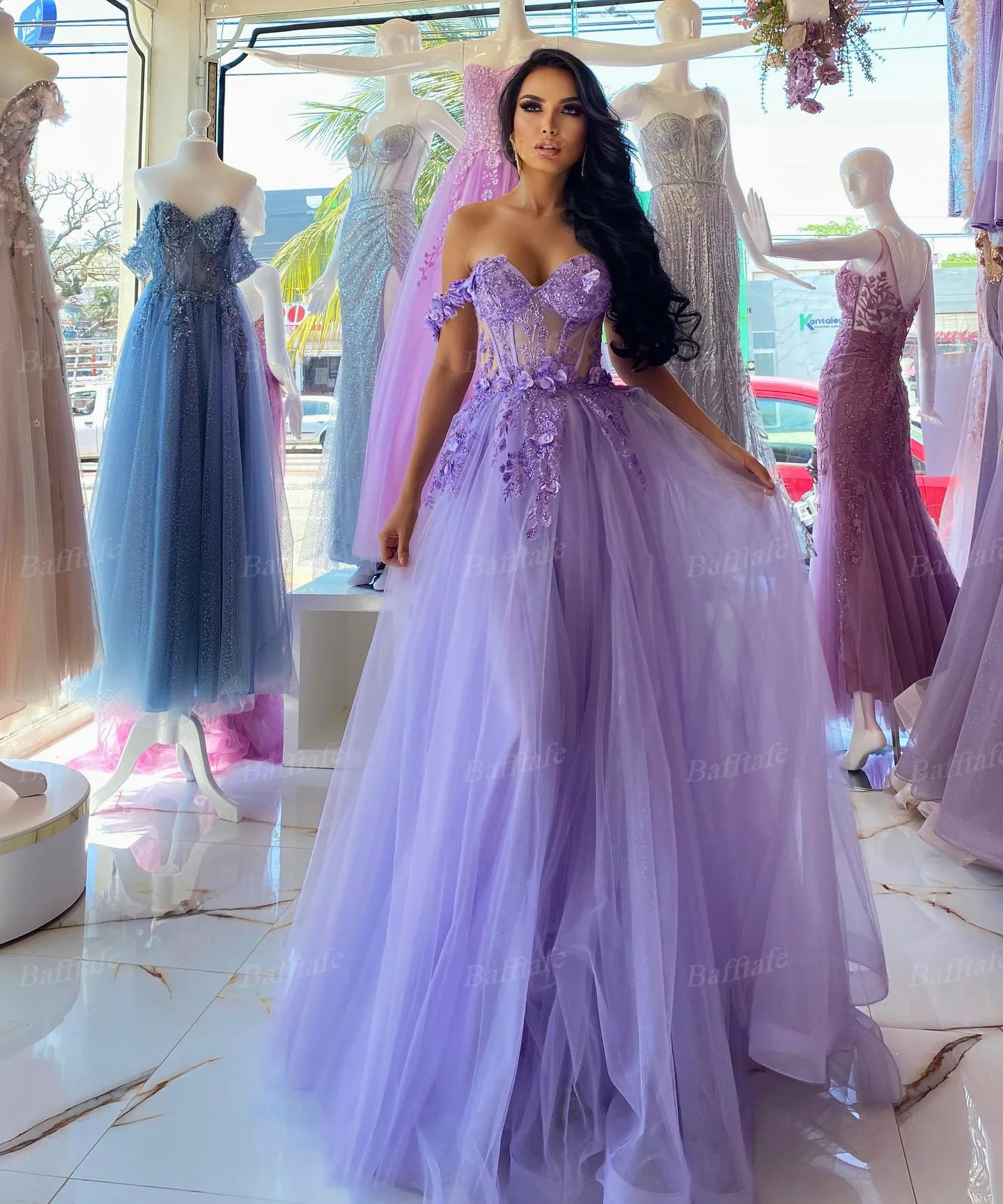 Bafftafe Light Purple A Line Prom Dresses Off The Shoulder Appliques Lace Flower Women Formal Evening Party Dress Birthday Gowns