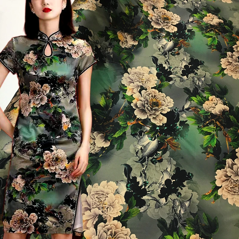 High Quality Branch Peony Print Heavy Improvement Fragrant Cloud Yarn Stretch Satin Silk Fabric Mulberry Silk Cheongsam Fabric