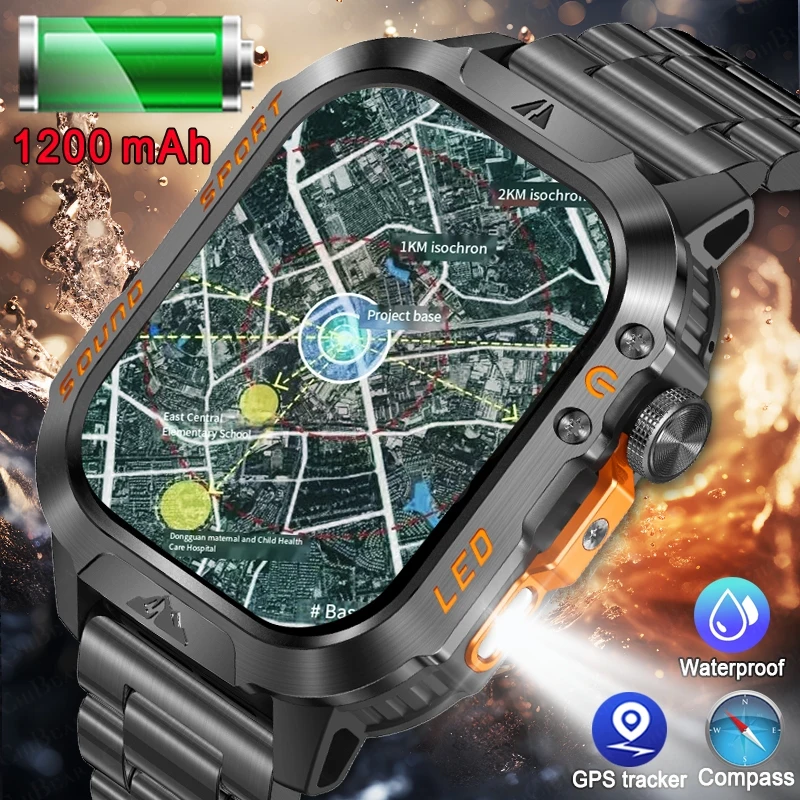 

New Outdoor Sports SmartWatch LED Flashlight 2.01 HD Display Heart Rate IP68 Waterproof 1200mAh Bluetooth Call Smart Watch Man
