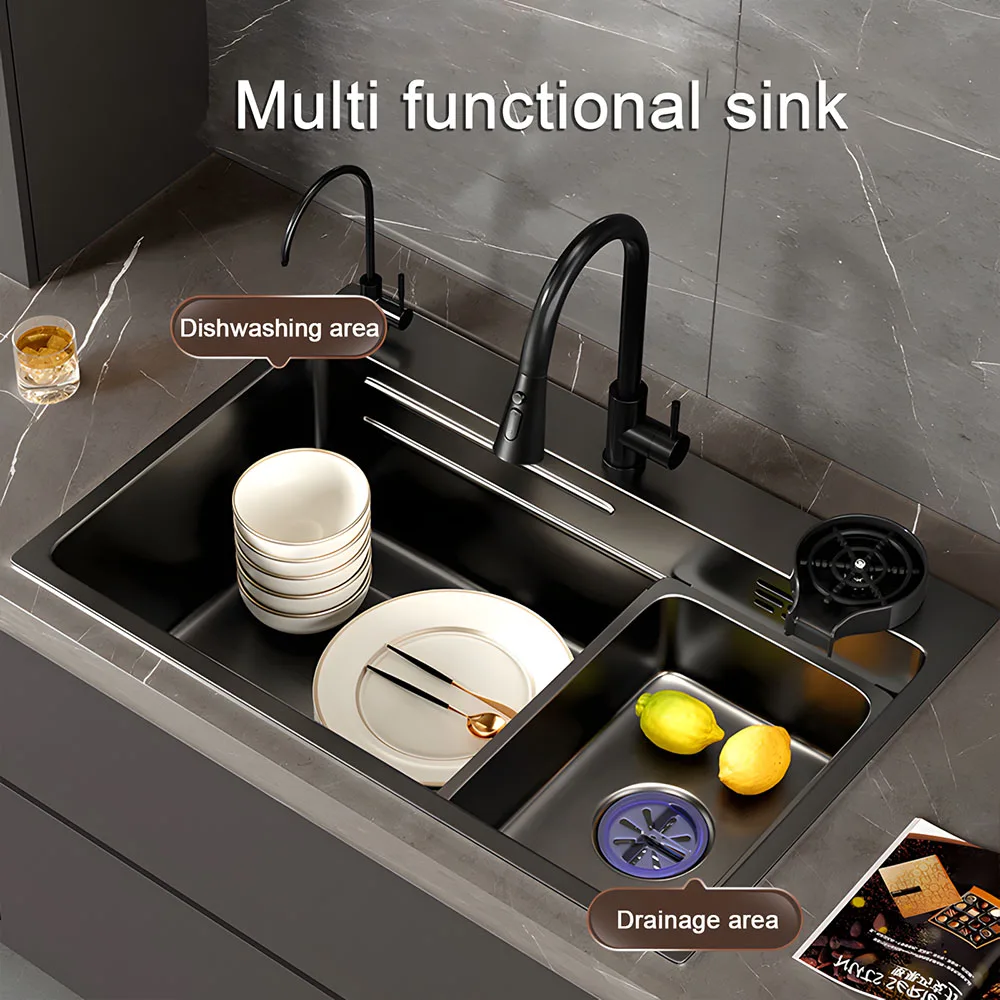 Кухонная мойка с водопадом из нержавеющей стали 304, большая однослотовая встроенная смеситель с цифровым дисплеем, набор диспенсеров для мыла, мойка чашек