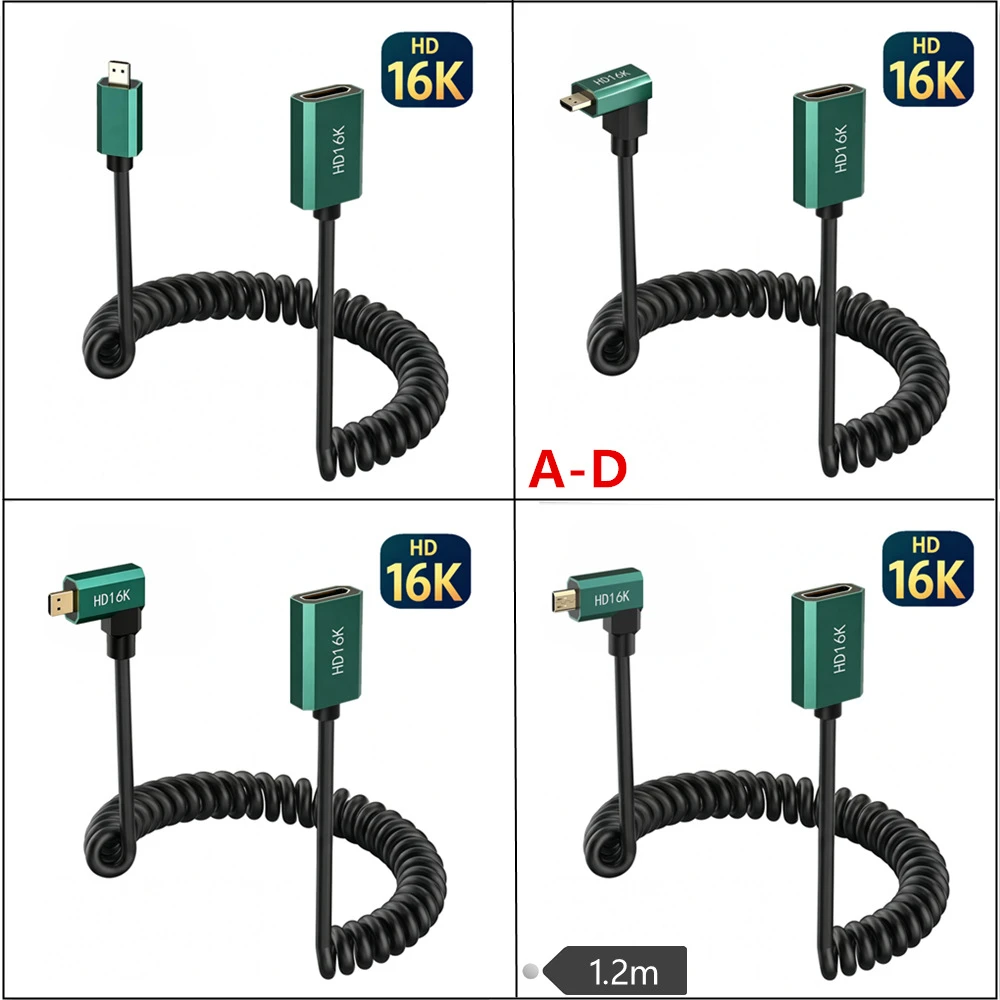 16K MicroHDMI Coiled Spring Cable 1.2m HDMI Male Female to Micro HDMI Male Gold Plated for DV Camera Capture Card A to D