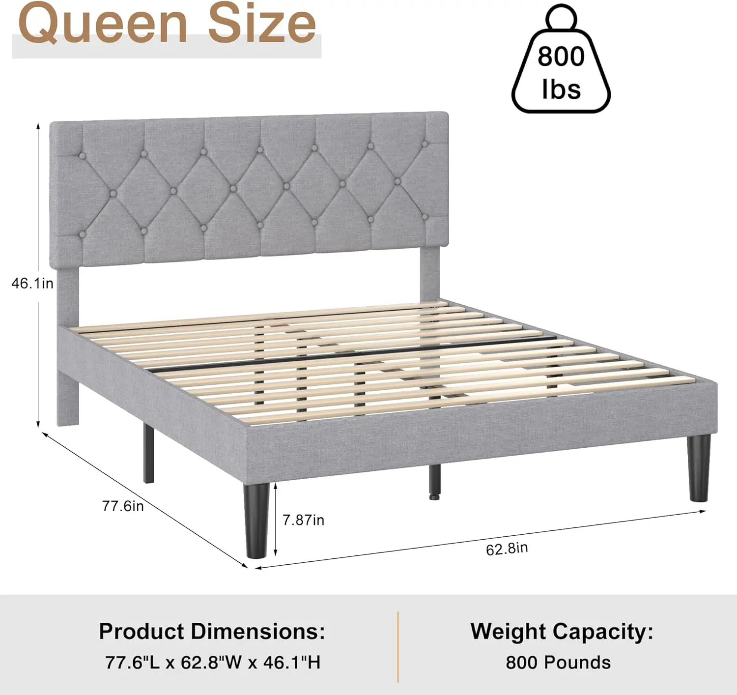 Queen Bed Frame With Button Tufted Headboard, Upholstered Platform Bedframe With Wood Slat Support, No Box Spring Needed, Grey