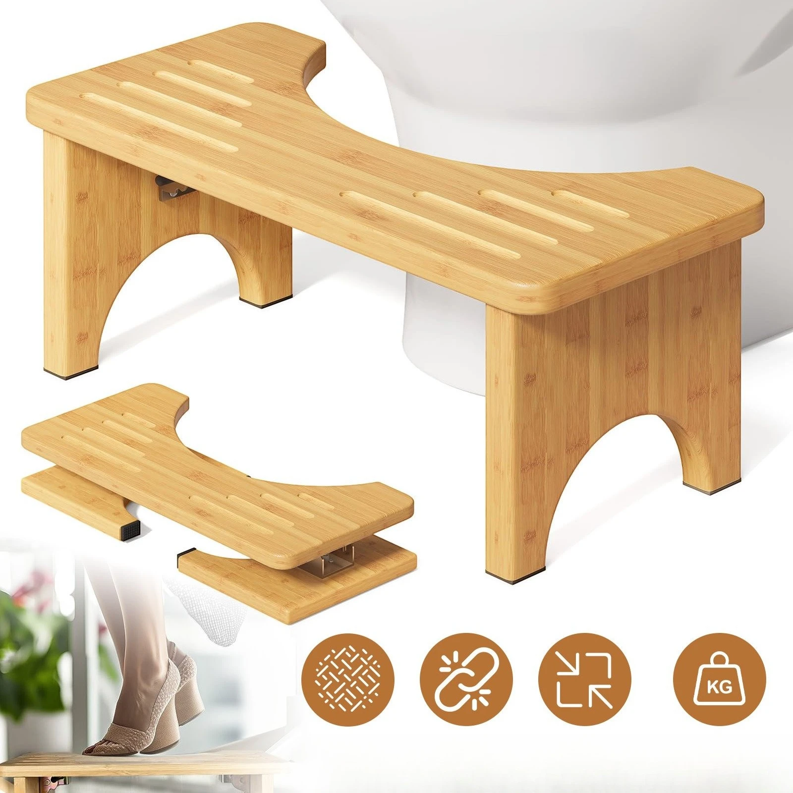 Tabouret de toilette en bois avec base antidérapante, pliable, facile à ranger, conception robuste avec pieds solides, adapté aux personnes âgées, aux familles handicapées - Installation sans outils, aucun assemblage requis, accessoire de salle de bain