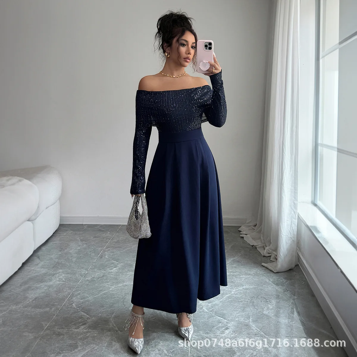 

2025 Spring Autumn Elegant Bright Silk Patchwork Solid Dress Strapless Long-Sleeve A-Line Ankle-Length Gown Evening Wear