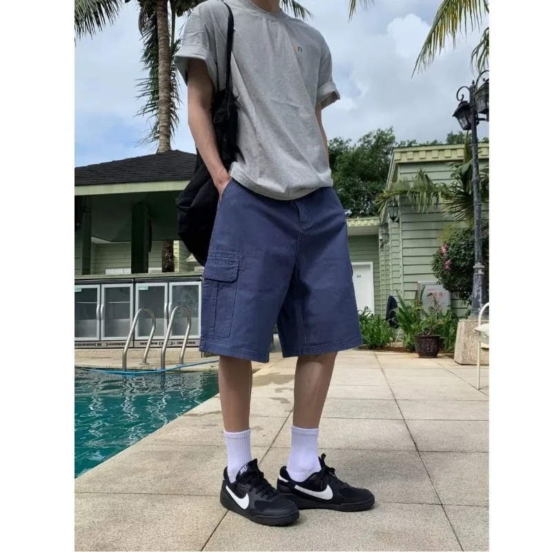 Mens Elastic Waist Multi Pocket Loose Wide Leg Cargo Knee Length Casual Shorts