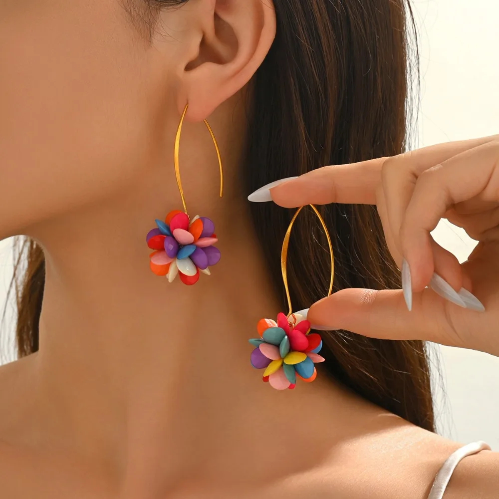 Fashion Sweet Christmas Rainbow-colored Beaded Flower Petals Dangle Earrings for Women Romantic Vacation Travel Jewelry Gifts