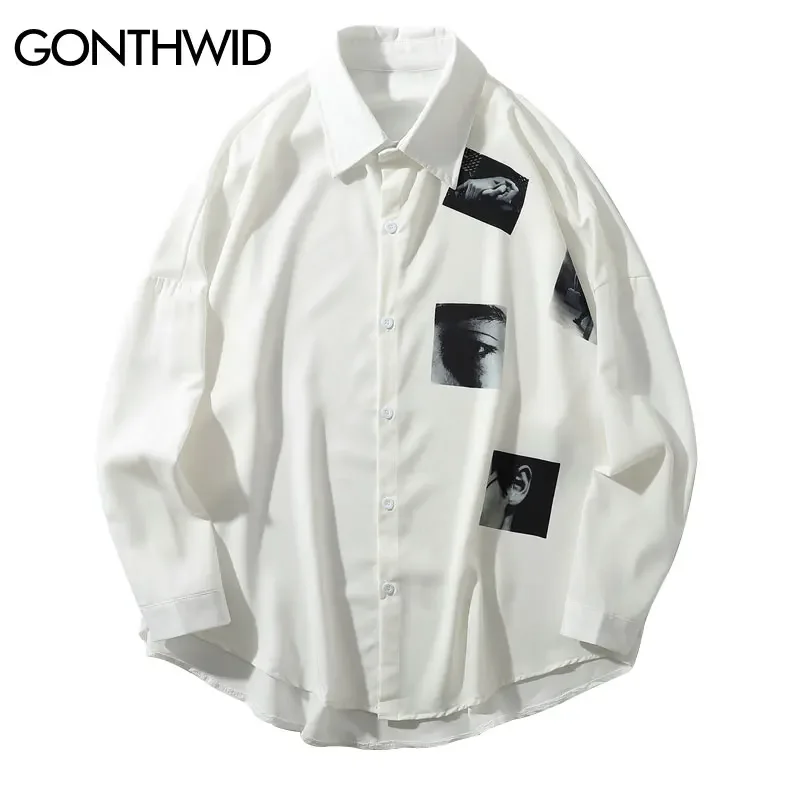 Men Summer Shirts Retro Graphic Print Button Up Long Sleeve Shirt Streetwear 2024 Hip Hop Harajuku Loose Blouse Tops