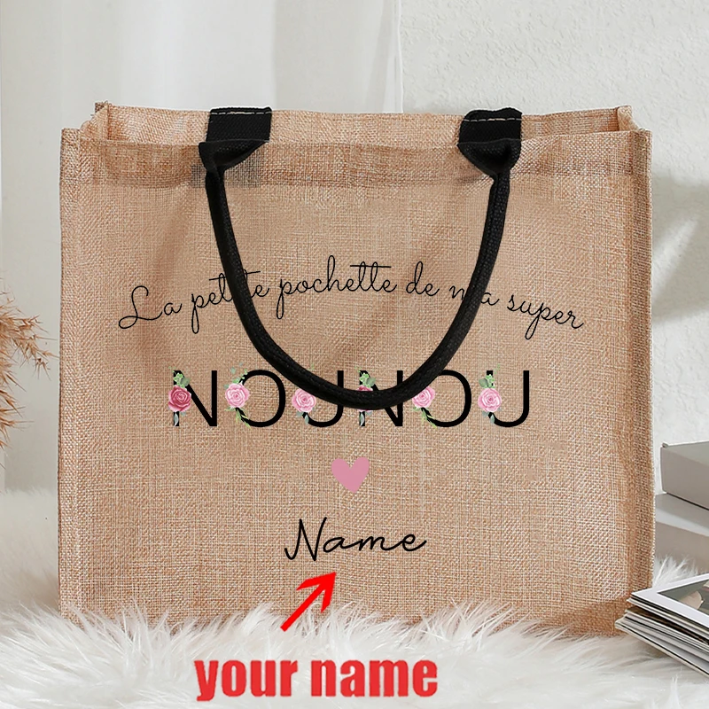 

Personalized with Name Flowery Nanny Heart with Pink Bow Patterns Jute Tote with Hand Shopping Bag Mother Nanny Birthday Gifts