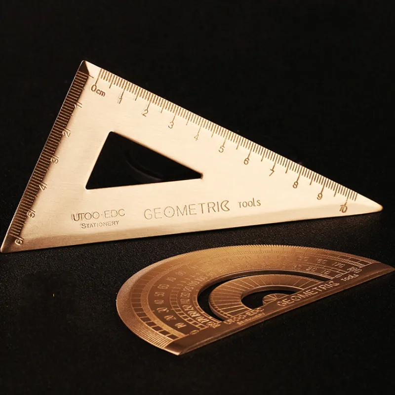 Brass Triangle Ruler Retro Semicircle Protractor Triangle Plate Drawing Copper Ruler Office School Supplies Drafting Tools