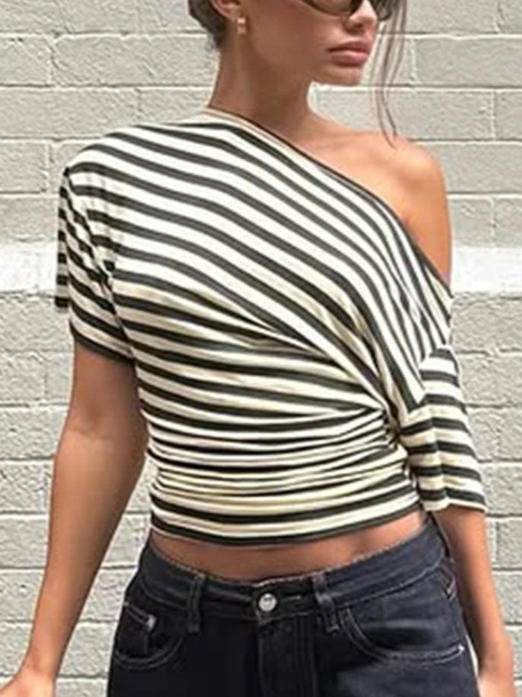 

Tossy Vintage Skew Collar Striped T-Shirt For Women Tapered Waist Short-Sleeve Slim Contrast Streetwear Casual Top Y2k Tee Top