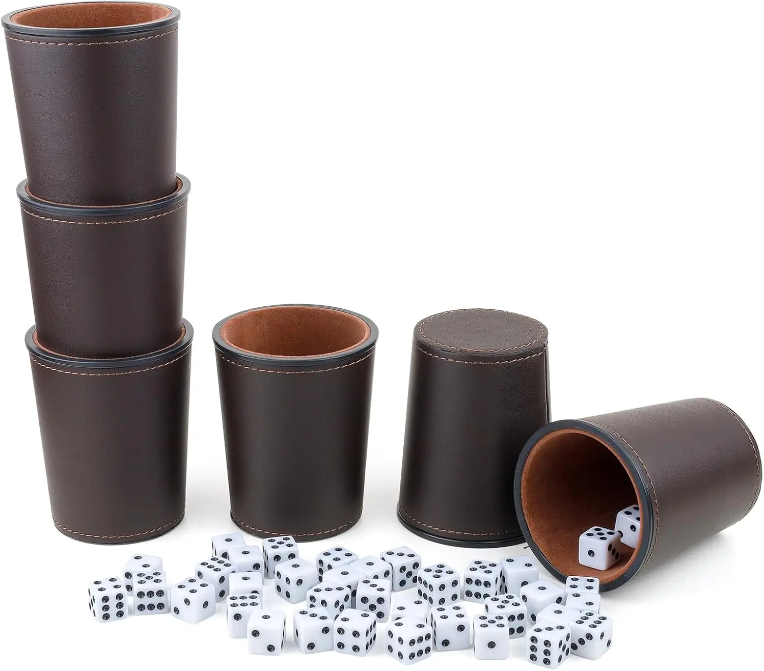 

PU Leather Dice Cup Set with 6 Quiet Shakers and 36 Dice for Bar Party Yahtzee Farkle Games