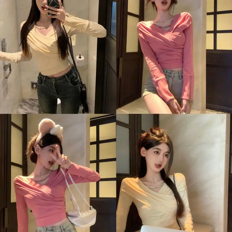 

Long Sleeve T-Shirts Womens Cotton Patchwork Tight Fit Romantic Cottagecore Aesthetic Spring Wear Comfortable Party Style For